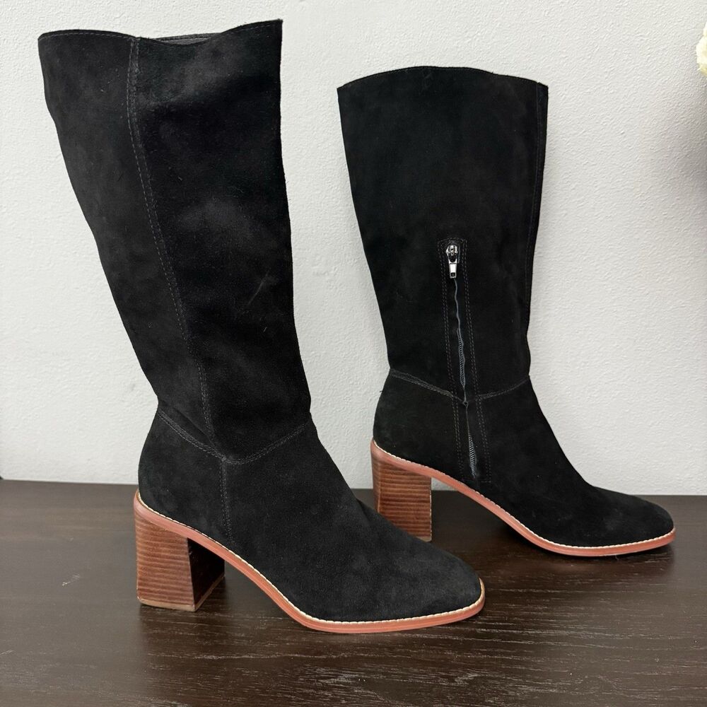 Crown Vintage Black Suede Knee High Boots Chunky Stacked Heel Square Toe 8.5M